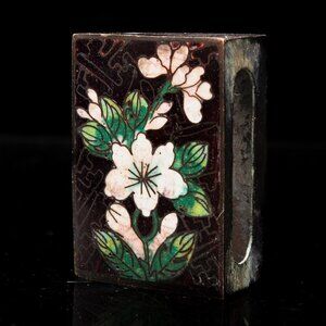 Vintage Cloisonné Black Floral Matchbox Cover With Hand-Painted Enamel Design